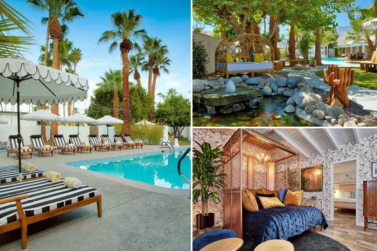 Collage of three hotel photos: outdoor pool, outdoor seating area, and bedroom